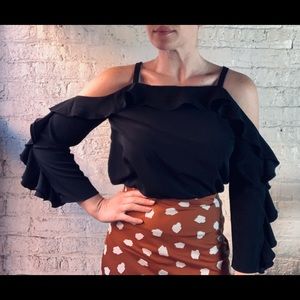 H&M Black Satin Ruffle Sleeve Top